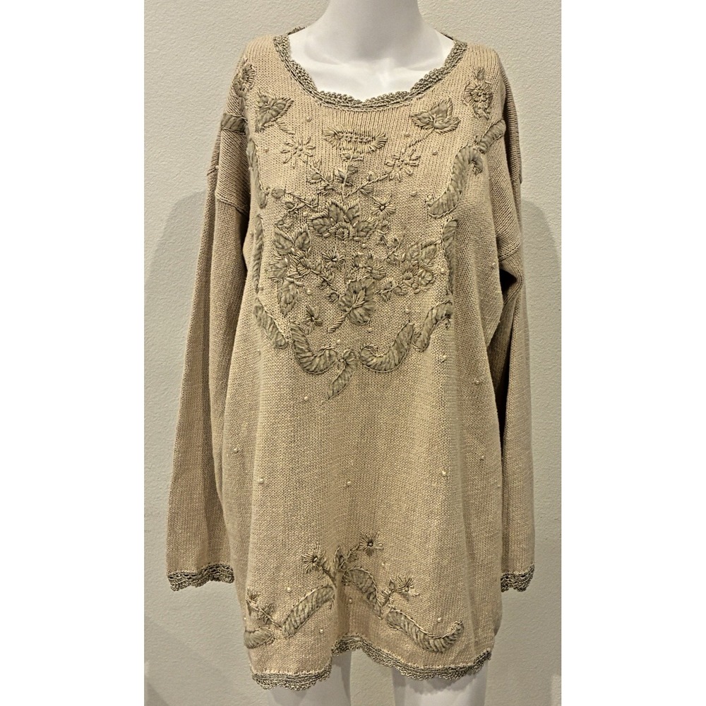 Colleens Collectables Sweater M Beige Embroidered Vintage Cottagecore Oversized
